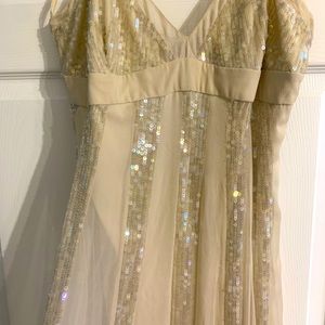 Cream strapless evening dress with sequins work.